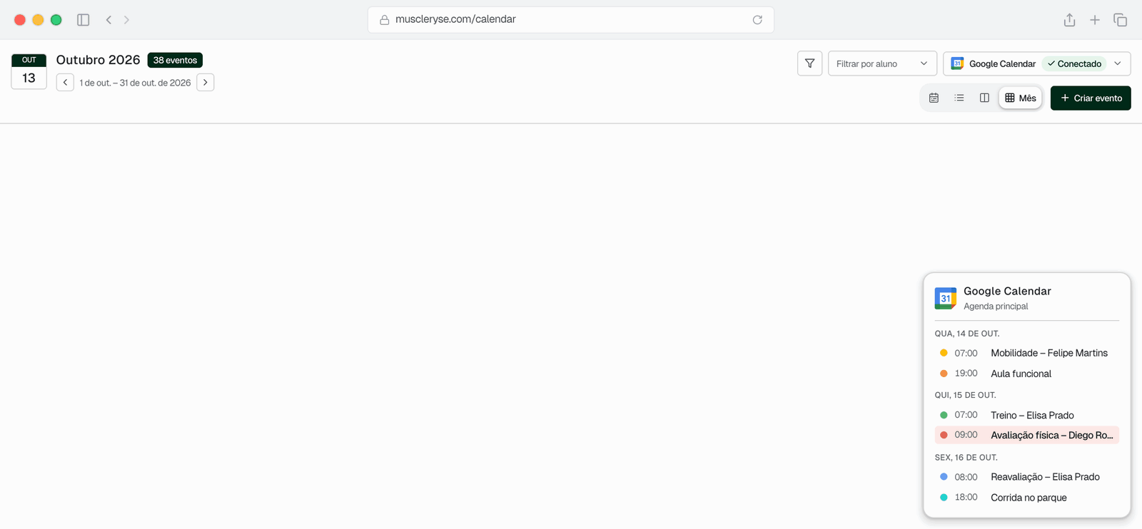 Demonstração do calendário da Muscleryse: navegação entre os meses, criação de um evento vinculado a um aluno e enviado ao Google Calendar, detalhes do evento e visões de semana e dia